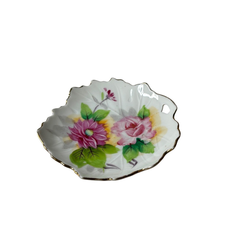 Hand Painted Japan Porcelain Floral Leaf Trinket Dish Gold Rim Scalloped 1950s